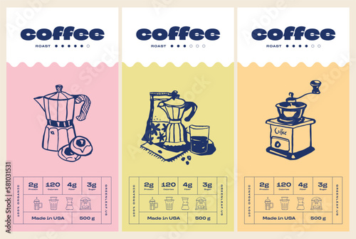 Hand drawn line art coffee vector packaging label design template. Boho style illustration of elegant signs and badges for cafe, restaurant, food and drinks products.
