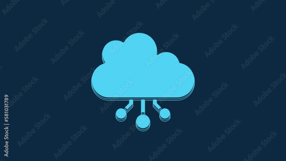 Blue Cryptocurrency cloud mining icon isolated on blue background. Blockchain technology, bitcoin, digital money market, cryptocoin wallet. 4K Video motion graphic animation