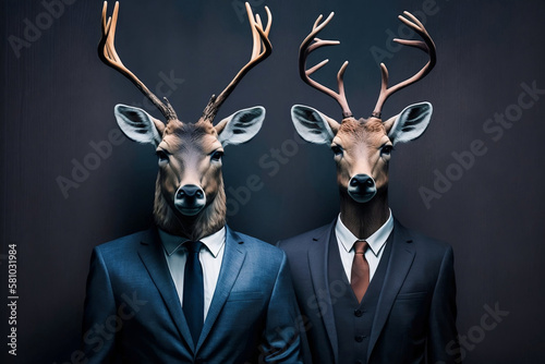 A Festive Business Venture: Reindeer Couple Dressed for Success in Business Suits, Creative stock image of animal couple in business suit. Generative AI © ShadowHero