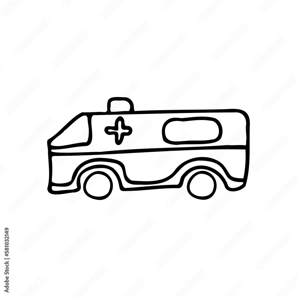 Ambulance. Emergency medical vehicle. Medicine. Doodle. Vector illustration. Hand drawn. Outline. Ambulance. Emergency medical vehicle. Medicine. Doodle. Vector illustration. Hand drawn. Outline.
