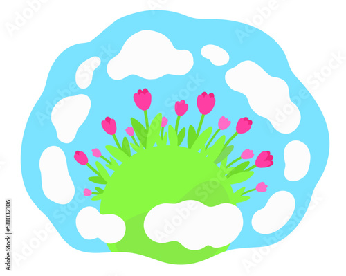 Red tulips growing on lawn under blue sky with clouds. Spring bloom flat color vector illustration on white background.