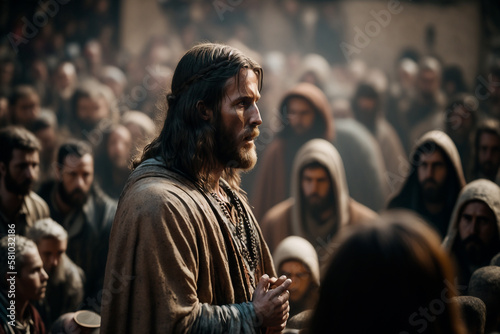 Fotografie, Tablou Jesus Christ preaches to the people - Ai generative