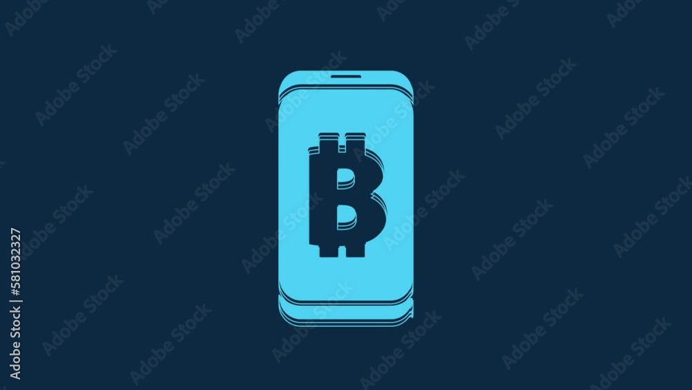 Blue Mining bitcoin from mobile icon isolated on blue background. Cryptocurrency mining, blockchain technology service. 4K Video motion graphic animation Blue Mining bitcoin from mobile icon isolated on blue background. Cryptocurrency mining, blockchain technology service. 4K Video motion graphic animation
