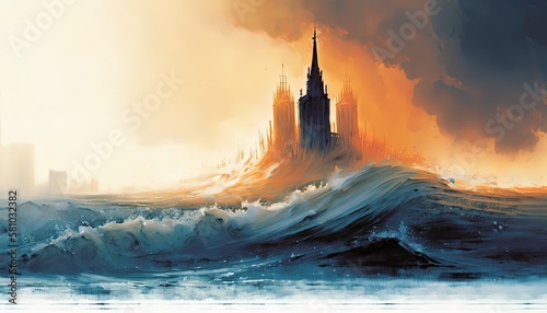 beautiful seascape with high wave with far away ancient tower building, Generative Ai