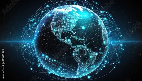 Fototapeta Naklejka Na Ścianę i Meble -  earth planet with glow light trail line and spot around the world, idea for futuristic technology communication and real time data transmitting, Generative Ai