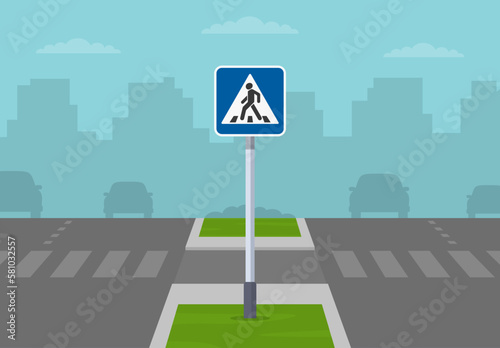 Safe driving tips and traffic regulation rules. Divided lane road. Zebra crossing with a central island. Flat vector illustration template.