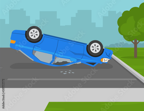 Car flips onto roof after colliding. Upside down car crash on outdoor parking area. Flat vector illustration template.