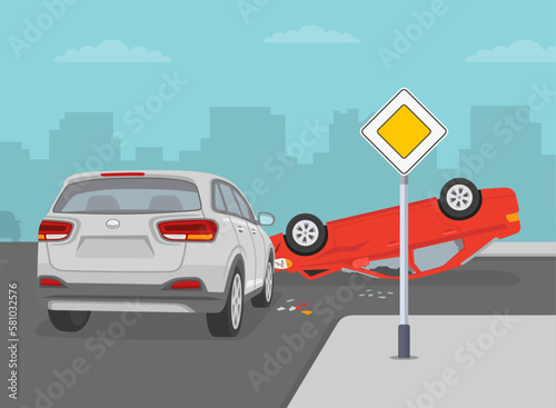 Safe car driving. Car flips onto roof after colliding with vehicle on intersection. Upside down car crash on road. Flat vector illustration template.