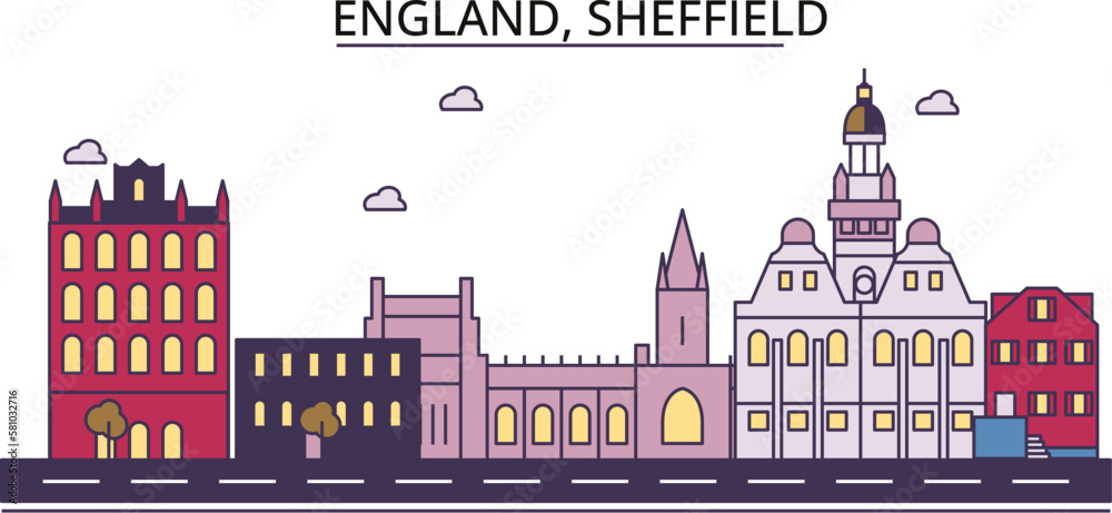 United Kingdom, Sheffield tourism landmarks, vector city travel illustration