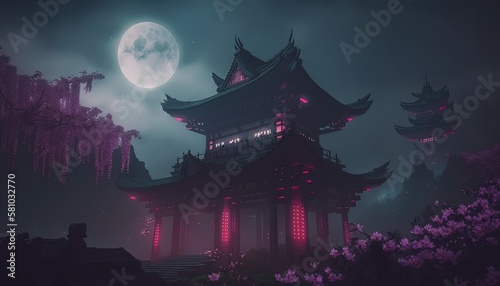 beautiful scenery in night time of Asian ancient palace in spring time with cherry blossom tree and mountain as background Generative Ai