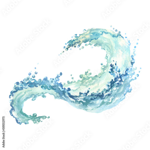 Water splash isolated on white. Sea wave. Abstract watercolor hand drawn illustration
