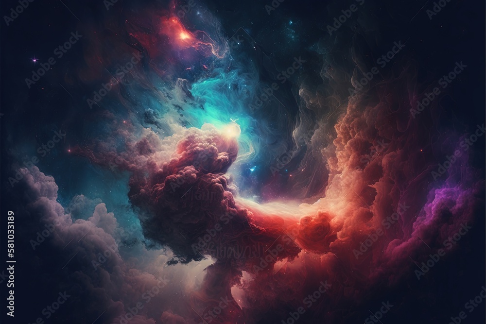Abstract outer space endless nebula galaxy background. Colorful illustration, galaxy, space, nebula, astronomy, fantasy, background, science, design, graphics, stars, lighting. Creativity concept. AI