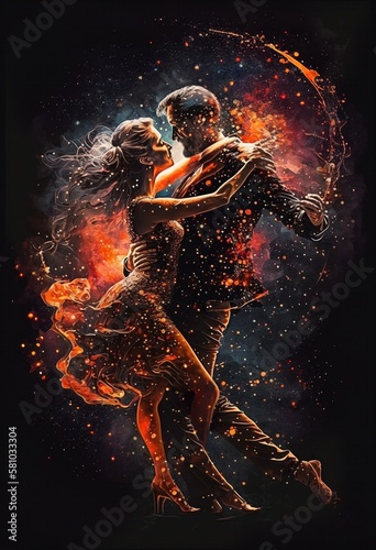 Illustration of latin couple dancing tango dance in space, surrounded by colorful flame sparks and stars. Passion and love concept. Generative ai art.