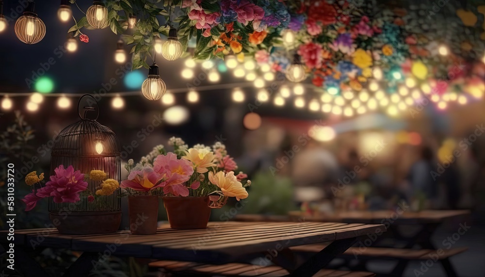 flower bouquet on wood table in night time , local restaurant romantic atmosphere, Generative Ai