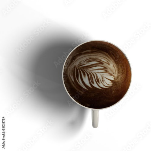 top view coffee cup with latte coffee PNG file with real shadow for background replacement, 3d illustration rendering