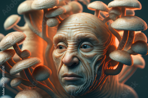 fungus host infected man or old shrooms guru connected with nature, generative ai