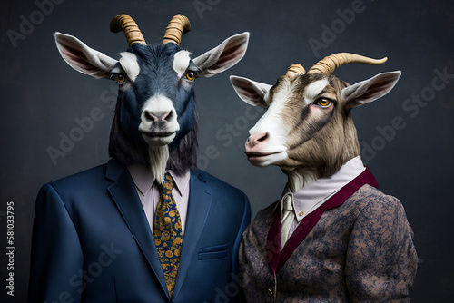 Horns and Hustle: A Goat Couple Dressed to Impress in Business Attire, Creative stock image of animal couple in business suit. Generative AI