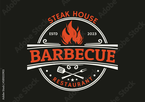 Barbecue logo. Grill, BBQ icon or stamp. Meat restaurant, steak house symbol. Vintage barbeque design. Vector illustration.