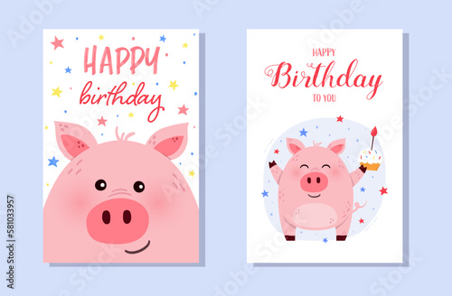 Canvas Print Birthday card with funny pig. Set. Vector illustration