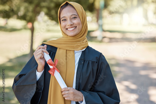 Photography University graduation portrait of muslim woman with education certificate, scholarship success or college achievement
