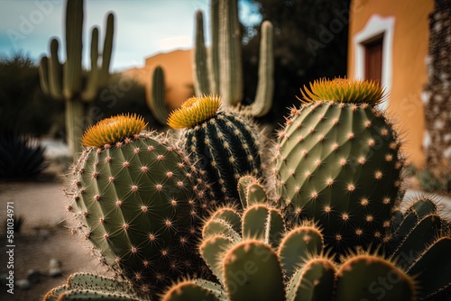 Image of cactus plants in close up from the grounds of the Museo del Queso Majorero in Antigua, Spain. Generative AI photo