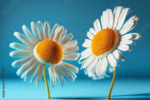 two beaful large chamomile flowers with even petals on blue background for decoration, created with generative ai photo