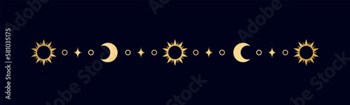 Gold celestial separator with sun, stars, moon phases, crescents. Ornate boho mystic divider decorative element
