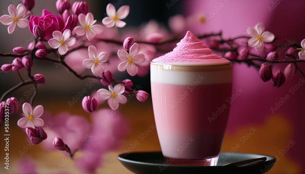 Pink sakura latte milkshake with cherry blossom branch, spring summer season greeting drink,  Generative Ai