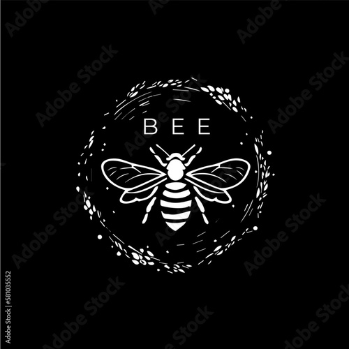 Minimalistic hive logo template, white icon of bee silhouette on black background, bumblebee modern logotype concept, sketch, tattoo. Vector illustration