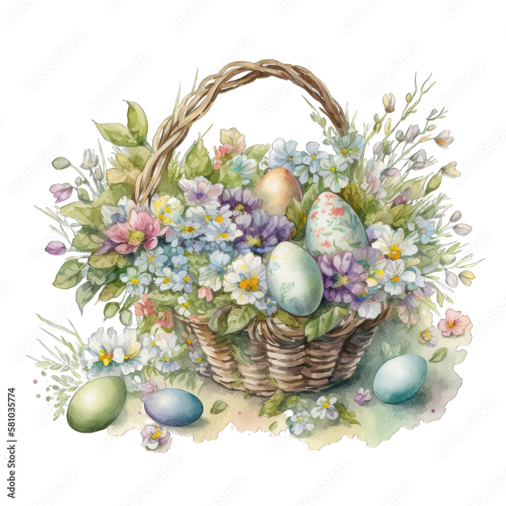 Easter basket with flowers and easter eggs. Transparent background. Generative AI