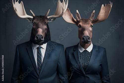 Swinging in Style: Moose Couple in Sharp Business suit, Creative stock image of animal couple in business suit. Generative AI