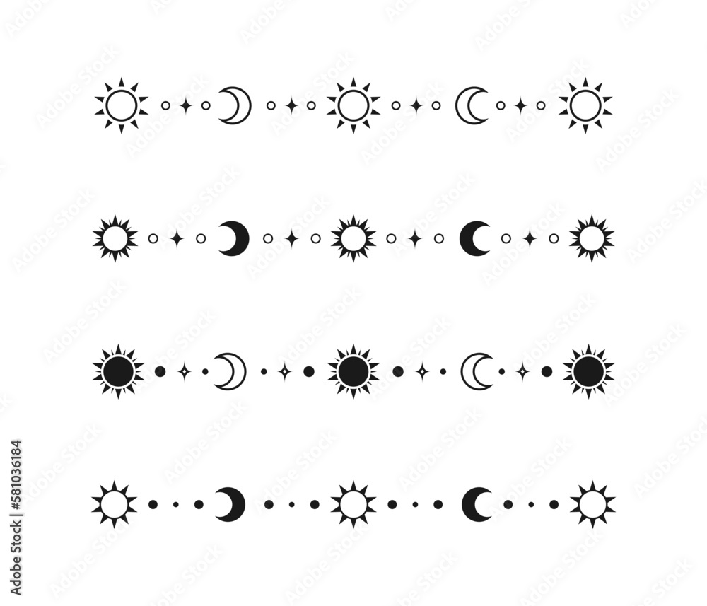 Celestial mystic separator set with sun, stars, moon phases, crescents. Ornate boho magical divider decorative element Celestial mystic separator set with sun, stars, moon phases, crescents. Ornate boho magical divider decorative element