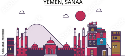 Yemen, Sanaa tourism landmarks, vector city travel illustration