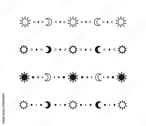 Celestial mystic separator set with sun, stars, moon phases, crescents. Ornate boho magical divider decorative element