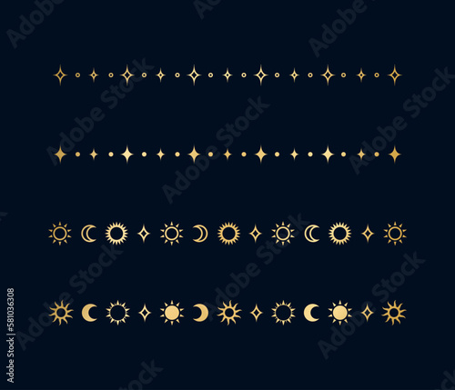Gold celestial separator set with sun, stars, moon phases, crescents. Ornate boho mystic divider decorative element