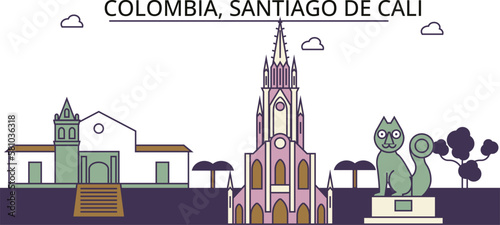 Colombia, Santiago De Cali tourism landmarks, vector city travel illustration