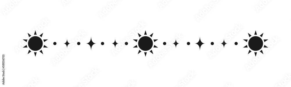 Celestial mystic separator with sun, stars, moon phases, crescents. Ornate boho magical divider decorative element Celestial mystic separator with sun, stars, moon phases, crescents. Ornate boho magical divider decorative element
