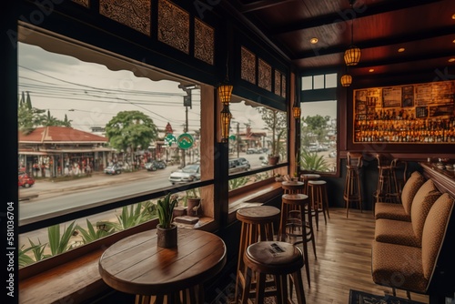 CHIANG MAI, THAILAND- JANUARY 1, 2021: Interior design and bar decoration of 'Cool Muang' local specialty coffee bar decorated with wooden furniture and panels with an Old city view, AI generated © Image Bank