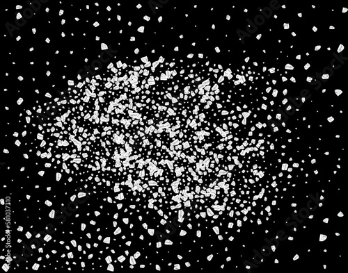 Flying sugar or salt. A scattering of crystals of sugar or salt. Realistic vector illustration isolated on black background.