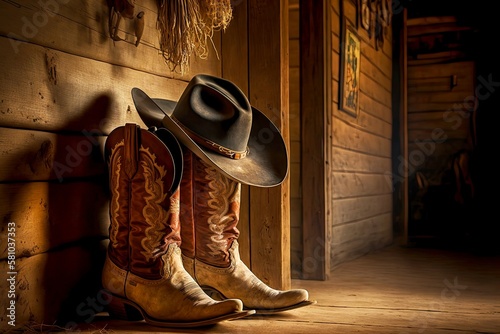 low cowboy boots along with hat stand in barn, created with generative ai