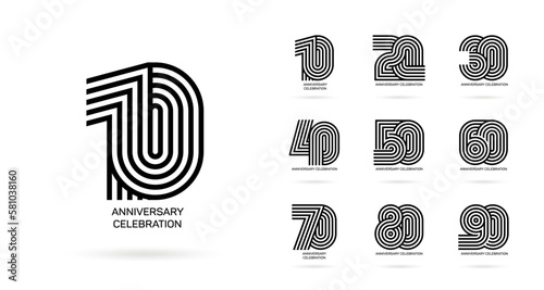 Set 10th anniversary 10 20 30 40 50 60 70 80 90 vector template. Designs for birthday celebrations, retro anniversary logos for greeting cards and invitation cards.