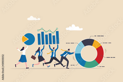Data driven or data analysis, chart and graph report, analytics, research and optimization, big data or intelligence information, insight concept, business people carrying bar graph and pie chart.
