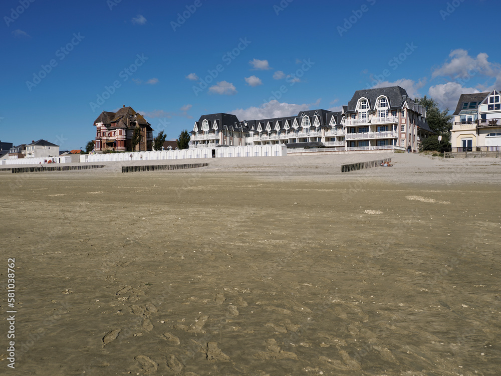 Beach at low tide and town at Le Crotoy a commune in the Somme department in Hauts-de-France in northern France 