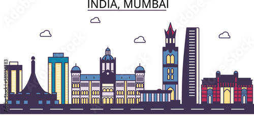 India, Mumbai tourism landmarks, vector city travel illustration