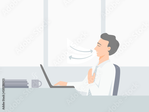 A businessman with laptop manage his stress and anxiety by breathing exercise in office. Flat vector iluustration.