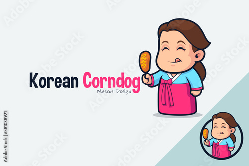 Cute Korean Girl in Hanbok Eating Corndog