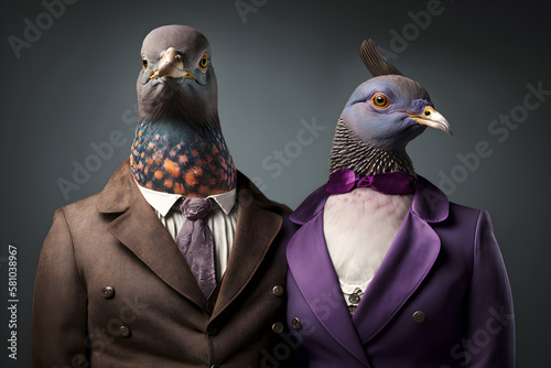 Ambitiously Achieving: A Pigeon Couple Reaching New Heights Together, Creative stock image of animal couple in business suit. Generative AI photo