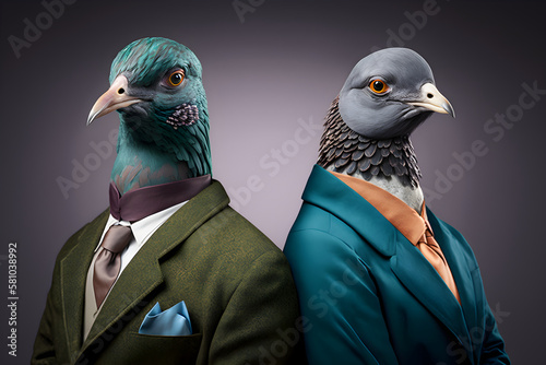 Ambitiously Achieving: A Pigeon Couple Reaching New Heights Together, Creative stock image of animal couple in business suit. Generative AI photo