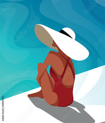 Vector illustration of a beautiful girl in a red swimsuit hat is resting on vacation swimming and sunbathing at the pool villa