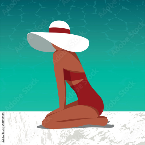 Vector illustration of a beautiful girl in a white hat in a swimsuit posing resting on vacation swimming and sunbathing by the pool